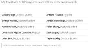 This is a chart listing the 10 recipients of the Genetics and Genomics Academy travel award. The grads and postdocs who won are Zehta Glover, Antoine Houtain, Sydney Harned, Jordan Cummings, Annie DiFrank, Yafan Zhang, Jose Maria Aguilar Camacho, Zach Zagon, John Britt, and Taylor Ackley.